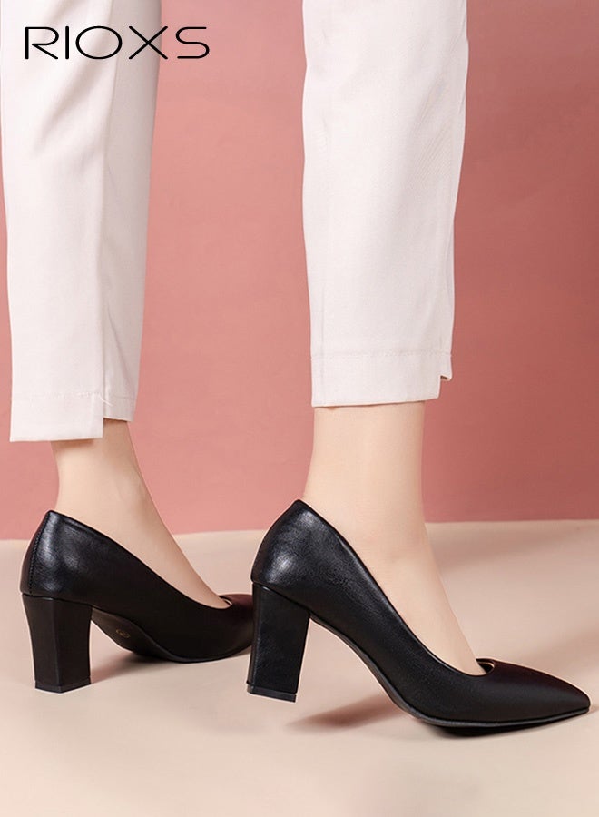 RIOXS Women's Professional Block Heel Pumps, Classic and Elegant Pointed Toe Slip-On Solid Office Shoes, Comfortable Chunky Heel Casual for Office, Business Meetings, Conferences, or Formal Work Environment, Black - Image 2